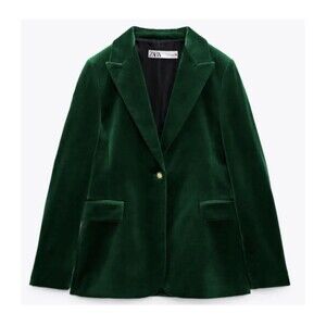 Zara Emerald Green Velvet Womans Blazer Jacket Coat Sz Medium Gold Buttons